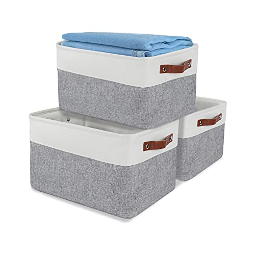 Contenedores de almacenamiento plegables con asas, cesta rectangular de almacenamiento de tela para estantes, organizador de armario plegable para oficina en casa, paquete de 38 x 28 cm, gris y blanco