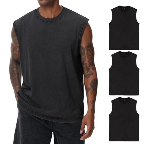 Herren Kurzarm Sommer Ärmelloses Shirt, Männer Fitness ärmellos Weste, Washed Sleeveless t-Shirt, Workout, Fitnessstudio, Baumwolle(Schwarz/Schwarz/Schwarz XL)