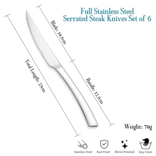 Onader Steak Knives Set of 6, Stainless Steel Serrated Kitchen Knives with Ergonomic Handle, Sharp Dinner Table Knives for Home Restaurant, Full Tang & Mirror Finished & Dishwasher Safe - Image 2