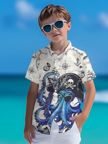 Image of THE PIRATE KING Funny Pirate Hawaiian Shirt Boys Girls Beach Tropical Casual Short Sleeve Button Down Shirt for 5-14 Years
