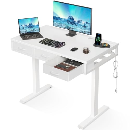 OffiGo Electric Standing Desk with 3 Drawers, 40 Inch Height Adjustable Small Desk with Power...