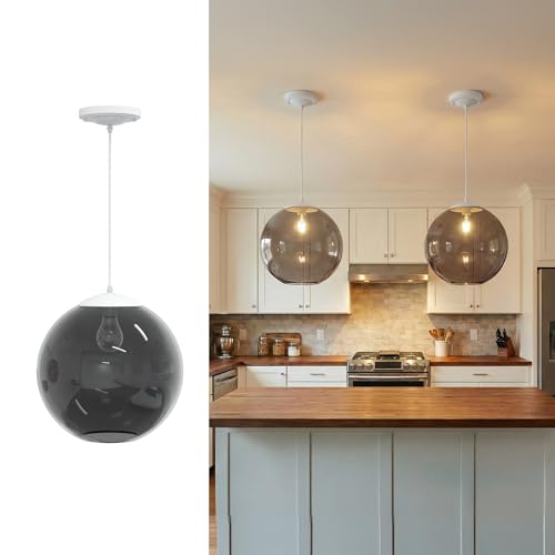 Image of KASTLITE 12 inch Acrylic Globe Pendant Light Fixture, 8W 3000K Filament LED Bulb, Ceiling Mount - Kitchen Pendant Lighting Over Island, Hanging Dining Light, Living Room Lamp - Smoke Shade, White Base