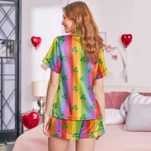 Image of Women 2PCs Satin Pajama Set Short Sleeve Silk Feel Gift Sleepwear