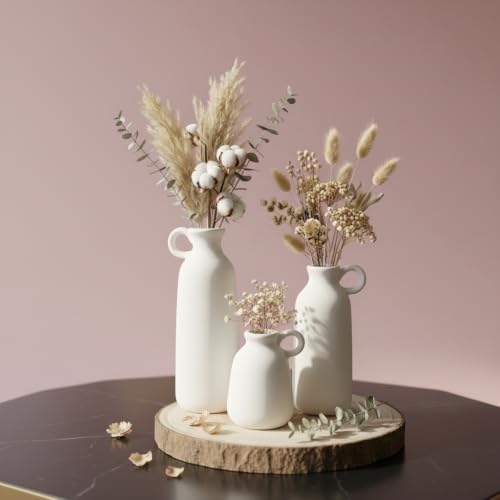 Image of PUREZENTO White Ceramic Roman Bottle Vase - Set of 3 | Matte Ceramic Flower Vases for Pampas Grass & Dried Flowers | Modern Decorative Vases for Home, Living Room, Bedroom, Office & Table Decor