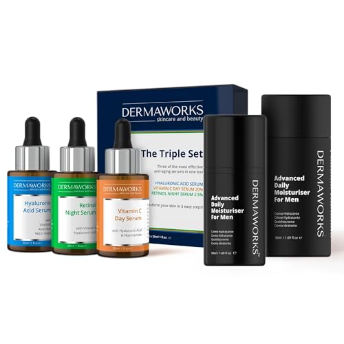 Mens Skincare Gift Set - Face Moisturiser Cream and 3 Serum Set with Hyaluronic Acid, Retinol and Vitamin C Serum - Anti aging, Hydrating and Brightening Skin Care for Men