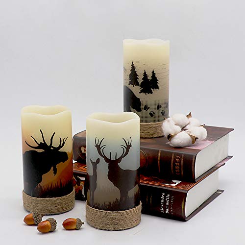 Image of Eldnacele Flameless Flickering Candles Deer, Moose, Bear Decal with Hemp Rope and 6H Timer, Battery Operated LED Pillar Candles Real Wax Home Decor Christmas and Gift Set of 3