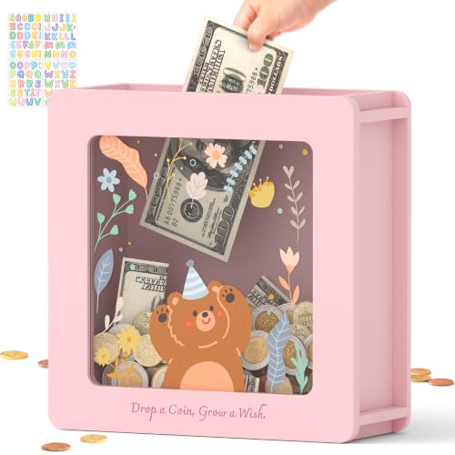 Image of Summidate Wooden Money Saving Box, Clear Window Cash Vault Savings Box with DIY Stickers, Personalized Bear Piggy Bank for Kids & Adults, Birthday /Baby Shower /Wedding Gift