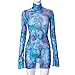 Women’s Floral Tie Dye Sheer Mesh Mini Dress Sexy Mock Neck Split Bodycon Flared Long Sleeve Beach Party Dress Purple