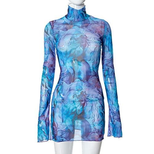 Women’s Floral Tie Dye Sheer Mesh Mini Dress Sexy Mock Neck Split Bodycon Flared Long Sleeve Beach Party Dress2