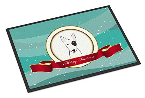 Caroline's Treasures BB1519MAT Bull Terrier Merry Christmas Doormat 18x27 Front Door Mat Indoor Outdoor Rugs for Entryway, Non Slip Washable Low Pile, 18H X 27W