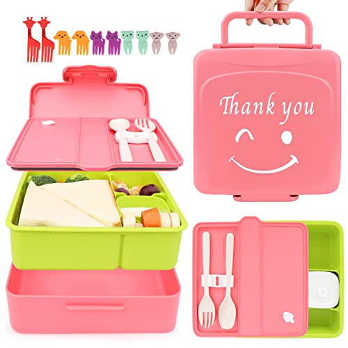 Bento Lunch Box for Kids-Lunch box Prep Container with Sauce Jar, Leak Proof Lunch Boxes +10Pcs Cartoon Fruit Fork, Portable & Handle Lunch Box