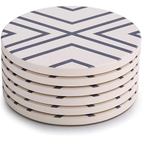 LIFVER 6 Pieces Ceramic Drink Coasters, Absorbent Stone Coaster Set, Grey Lines Cover
