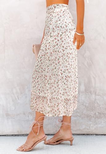 Image of HERBATOMIA Women's Floral Print Midi Skirt Casual High Elastic Waist Zipper Vintage Long Boho Skirts for Women
