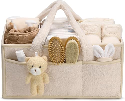 RR-INTL Baby Diaper Caddy Organizer | Changing Table Organizer for Wipes and Diapers | Teddy Diaper Organizer for Changing Table | Newborn Essentials Must Haves for Parents (Warm Sand)