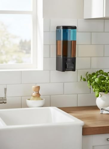 Image of BATH GURU ABS Plastic Wall Mounted Liquid Soap Dispenser for Wash Basin, for Bathroom Kitchen 460ml, Black and Clear Blue