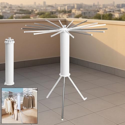 Image of Heavy-Duty Foldable Rotary Clothes Drying Rack Stand with 360 Rotating Arms - Portable Tripod Laundry Hanger Tower for Indoor & Outdoor Drying (16 Rods)