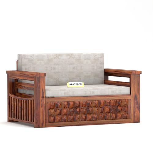 Image of Sheesham Wood 2 Seater Diamond Sofa Cums Bed with Storage and Side Pockets for Living Room | Rosewood Sofa Cums Bed (Honey)