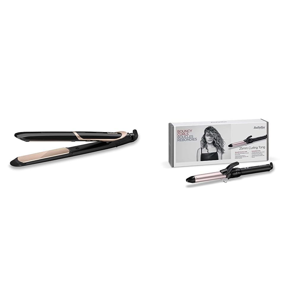 BaByliss ST393E Plancha de pelo profesional, iónica, placas flotantes extra largas de cerámica & C325E Tenacilla de pelo de 25 mm, 10 ajustes de temperatura