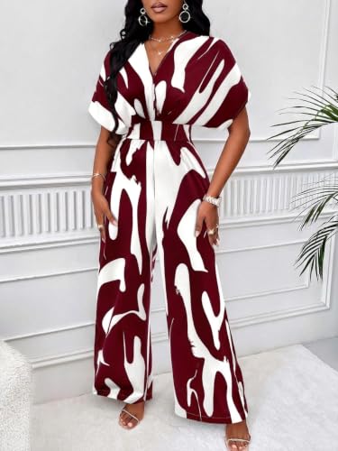 Image of PerZeal Women's V-Neck Short Sleeve Printed Jumpsuit with Pockets - Casual Wide Leg One-Piece Romper for Summer（S-XXL）