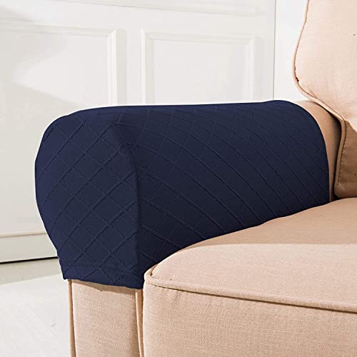 NEKOSUKI Arm Rest Covers, Set of 2 Stretch Diamond Pattern Armchair Couch Stretch Armrest Chair Covers for Furniture Protector, Anti-Slip Sofa Chair Arm Caps Spandex Polyester Slipcovers (Navy)