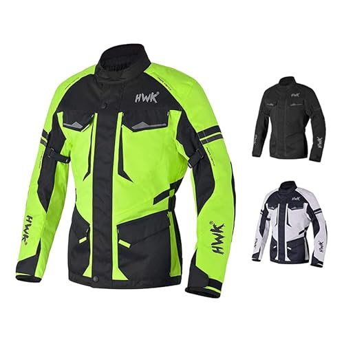 HWK Adventure Touring Motorcycle Jacket for Men, Water Resistant Cordura Textile Biker Jacket for Men, Durable and Stylish Moto Gear with CE Armor for Enduro Motorbike Riding - Hi-Vis Green, Small