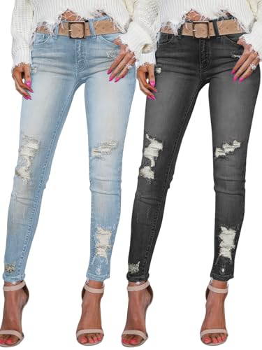 Women's Skinny Ripped Trendy Jeans Mid Waisted Destroyed Denim Pants with Pockets (Pack of 2)