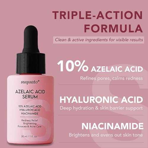 Suquato Azelainsäure Serum 10% – Azelaic Acid Gesichtspflege gegen Rosacea, Rötungen & Akne – Mit Niacinamid & Hyaluronsäure (30ml)