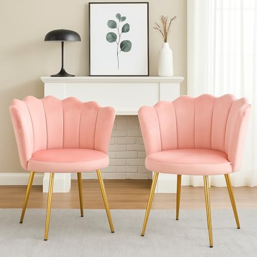Image of Set of 2 Accent Chair for Living Room | Modern Armchair in Soft Velvet Fabric with Sturdy Legs | Premium Chair for Home Living Room Bedroom Restaurent | (Flower Design, Baby Pink)