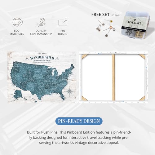 Image of IPIC - Antique Blue USA Travel Map, Pin Board Canvas Wall Art, Travel Map with Pins Included, Ready to Hang for Home or Office, 36x24 Inch
