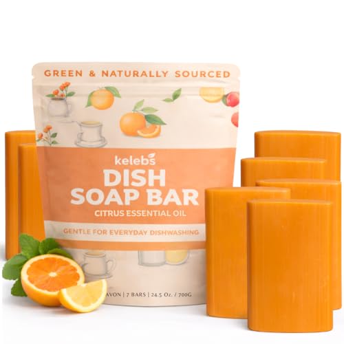 KELEBS 7 Dish Soap Bars | Citrus Essential Oil Formula | Natural & Organic Ingredients | Gentle on Hands | For Plant-Based Kitchens & Light Dishwashing | Biodegradable | No Overpour | Value Pack