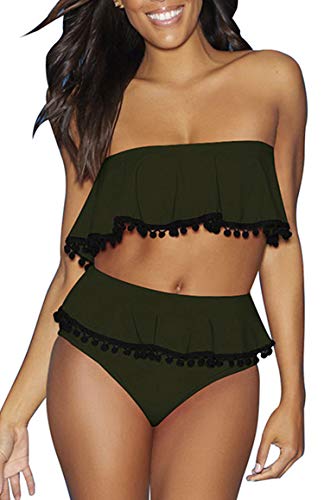 Mujer Traje de Baño Volantes Borla Tops con Pompon Fuera del Hombro Bikini de Dos Piezas Ropa de Playa de Cintura Alta Verde Militar M