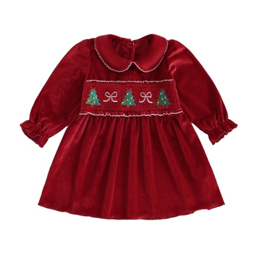 Engofs Toddler Baby Girl Christmas Outfit Velvet Dress Long Sleeve Christmas Tree Embroidery Print Party Dresses (A1 Red 2-3 Years)