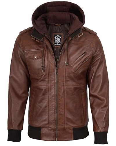 Image of fjackets Men Hooded Leather Jacket - Real Lambskin Men's Bomber Leather Jackets with Detachable Hood Stylish Casual Outerwear