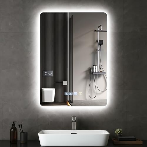 Hondony - Espejo cuadrado de baño de 50×70 cm con luces LED y doble interruptor táctil, espejo de tocador montado en la pared, antiempañamiento, luz regulable de 3 colores, espejo desempañador con