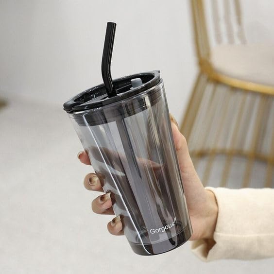 Image of Reusable Glass Coffee Sipper Mugs with Lid & Straw Pack of 1, 400ml Multipurpose Drinking Glasses Tumbler with Brown Leather Sleeve Cup for Juice Smoothies Iced Tea Home & Travel