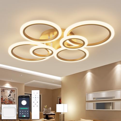YOLEDY Deckenlampe Led mit Fernbedienung & APP, Decken Lampen mit 6 Ring, Dimmbar, Licht Memory Funktion mit Timer, Moderne Deckenleuchte Rund Wohnzimmer Flur Schlafzimmer, Gold