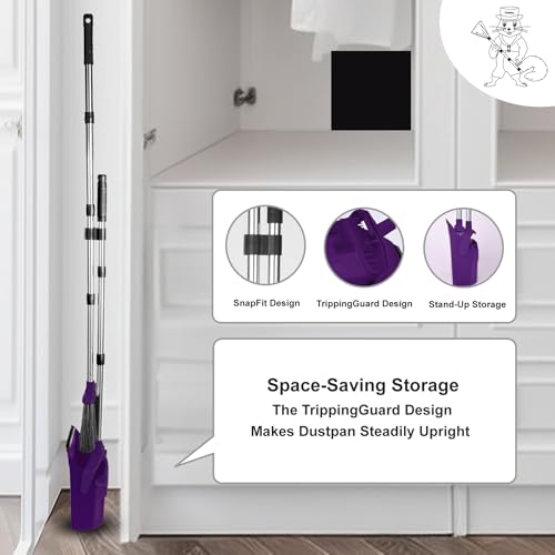 Image of Tiumso Broom with Dustpan Combo Set, Broom and Dustpan Set with 51'' Long Handle, Dust Pan and Brooms, ZeroGap Lip, Self-Cleaning Dustpans Teeth for Lobby Kitchen Restaurant - Purple
