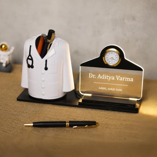 Image of Deskart Customized Gift Pen Stand with LED Name Plate & Clock | Doctor Coat Apron Shape Pen Holder with Warm LED Acrylic Name Plate & Adapter