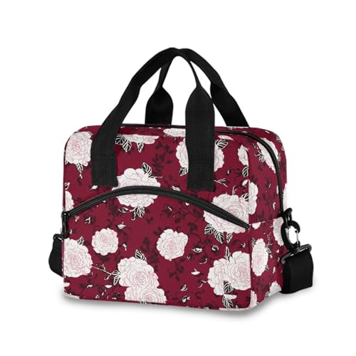 Sinestour Insulated Lunch Bag Reusable Cooler Rose Blossom Red Lunch Box Adjustable Shoulder Strap for Adults School Office