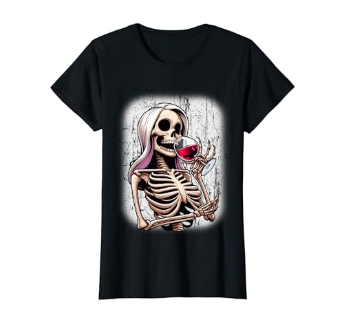 Female Skeleton Wine Drinking Vintage Halloween Wine Lover T-Shirt