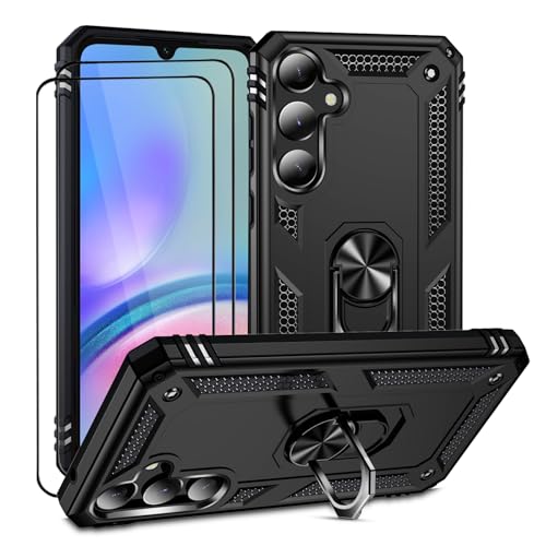 LEVIOSA Funda para Samsung Galaxy A05S con 2 protectores de pantalla, funda para Galaxy A05S 4G con soporte de anillo de 360 grados, funda protectora militar para Samsung A05S (negro)