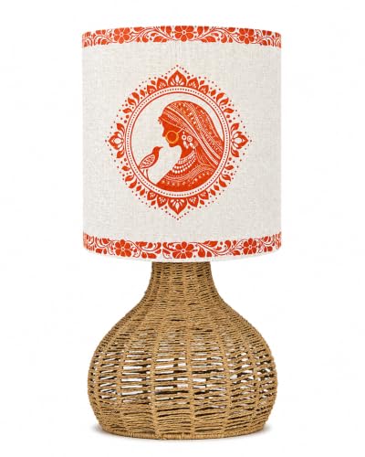 Image of Homesake Handwoven Rattan Table Lamp with Aipan Art Printed Fabric Shade, Decorative Raffia Spinning Bedside Lamp, Boho Table Lamp with E27 Holder, Study, Living Room & Bedroom Decor