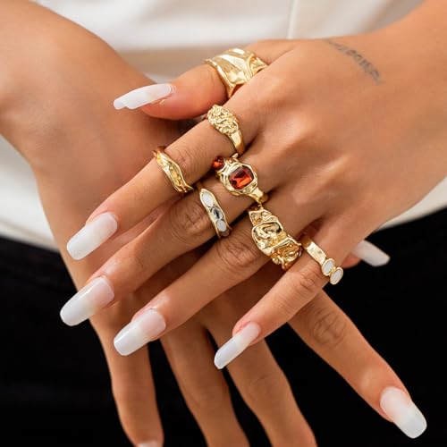 BUYITO Chunky Gold Statement Rings for Women Dainty Gemstone Crystal Ring Stackable Opening Adjustable Knuckle Bold Thick Irregular Ring Set Vintage Jewelry3