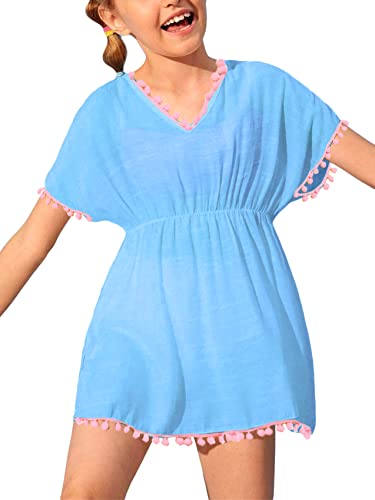 Image of Fommykin Girls Swimsuit Cover Up V Neck Cute Sweet Bikini Tunic Dress | Kids Bathing Suit Cover Up, Elastic Waist, Lightweight Breathable Fabric, Beach Pool Vacation Outfits for Girls 3-14Y