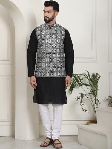 Image of SOJANYA (Since 1958 Men's Cotton Chikankari Kurta and White Pyjama with Embroidered Nehru Jacket