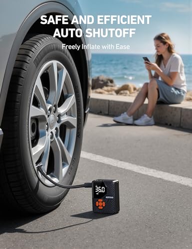 Image of AstroAI 150 PSI Tire Inflator Portable Air Compressor L7 Mini | Fast Inflation, Cordless, Air Pump with LED Light &Pressure Gauge, Auto Shut-Off, for Cars, Motorcycle, Bicycle, Ball, Orange