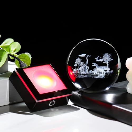 Image of Arikyrist 3D Crystal Ball Dinosaur Figurine with Colorful Light Base, Dinosaur Gifts for Women Men Dinosaur Lovers on Christmas Birthday, Glass Dinosaur Statue Decorative Ball for Home Office