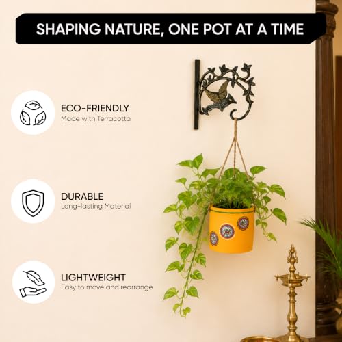 Image of AAKRITI ART CREATIONS Terracotta Hanging Planter with Metal Stand | Yellow Warli Art, Matte Finish | Decorative Hanging Pot for Indoor & Outdoor Home Decor