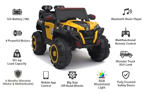 Image of Driving EV Cars for 2, 3, 4, 5, 6,7,8,Years | Remote + Steering + Mobile App Control | Kids Jeeps (Jumbo Size KAB2188 [2-8 Year Kids], Yellow)