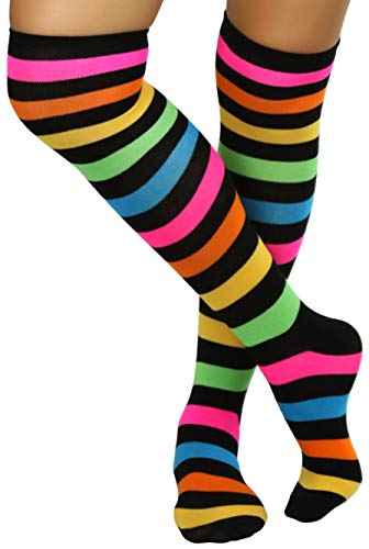 Image of ToBeInStyle Women's Bright Vibrant Rainbow Striped Thigh High Rave Stockings
